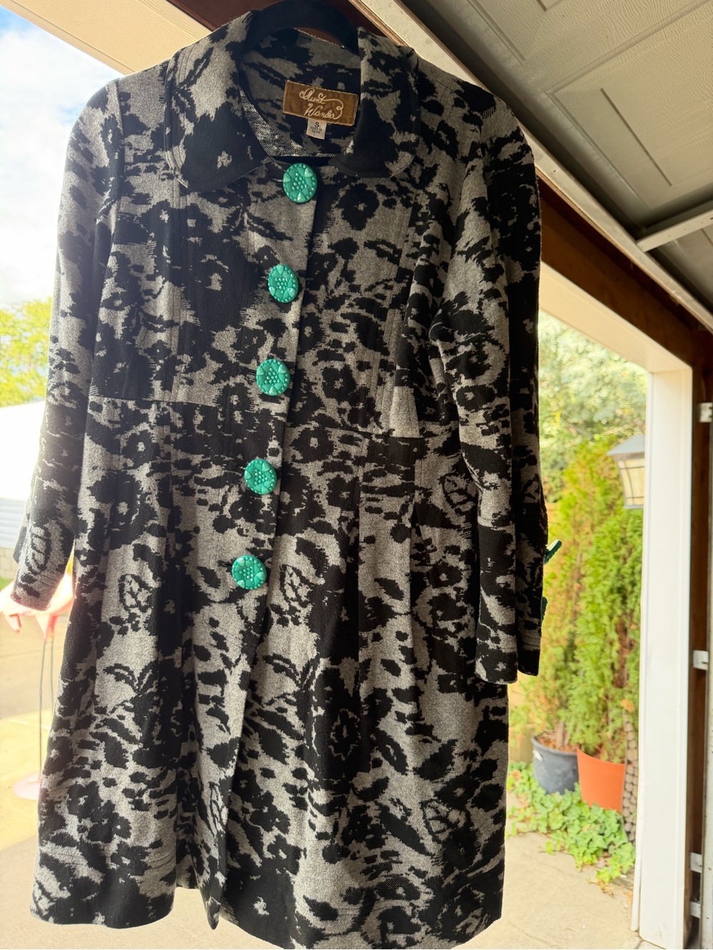 Aunt Wanda Black & Gray Floral Long Sleeve Dress Coat with Teal Buttons
